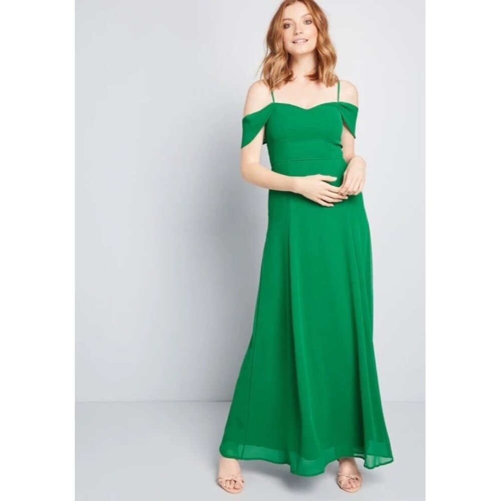 ModCloth‎ Maxi Dress Cold Shoulder Emerald Green Formal Gown NWT Romantic 26